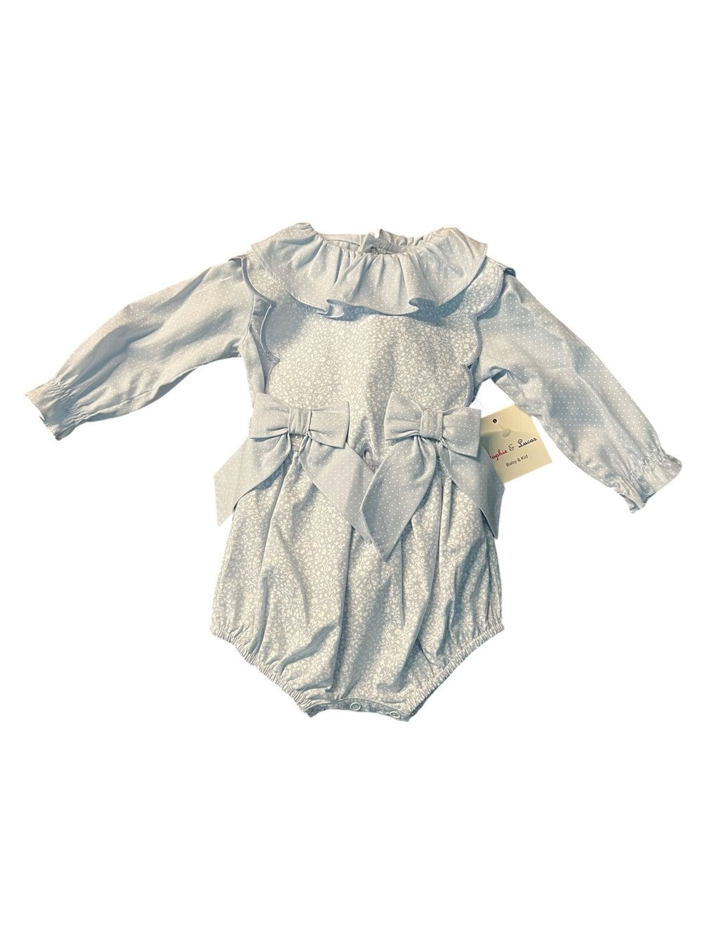 Sophie & Lucas Baby Girl Light Blue Bow Ruffle Romper Size 6 Mos. NWT